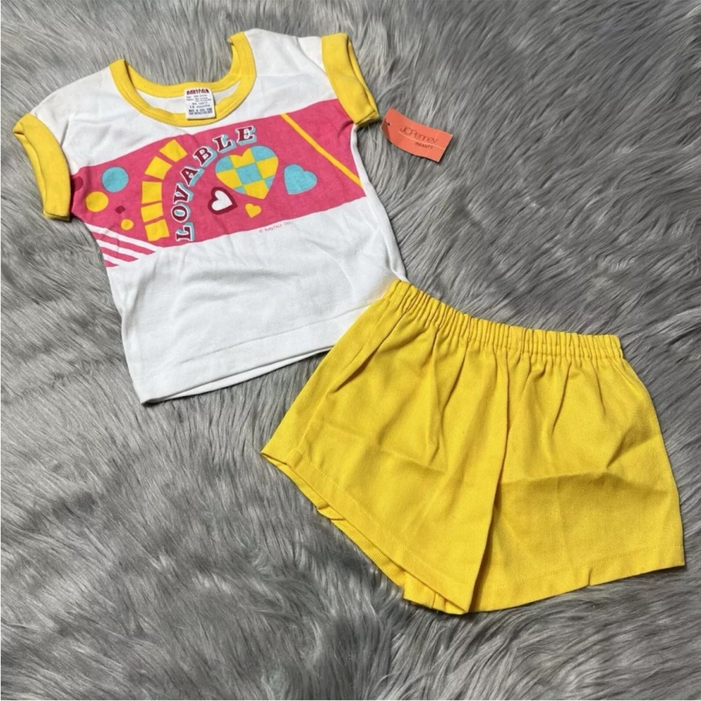 Vintage Babyfair JCPenney Baby Girls Yellow White Short Shirt Outfit Set